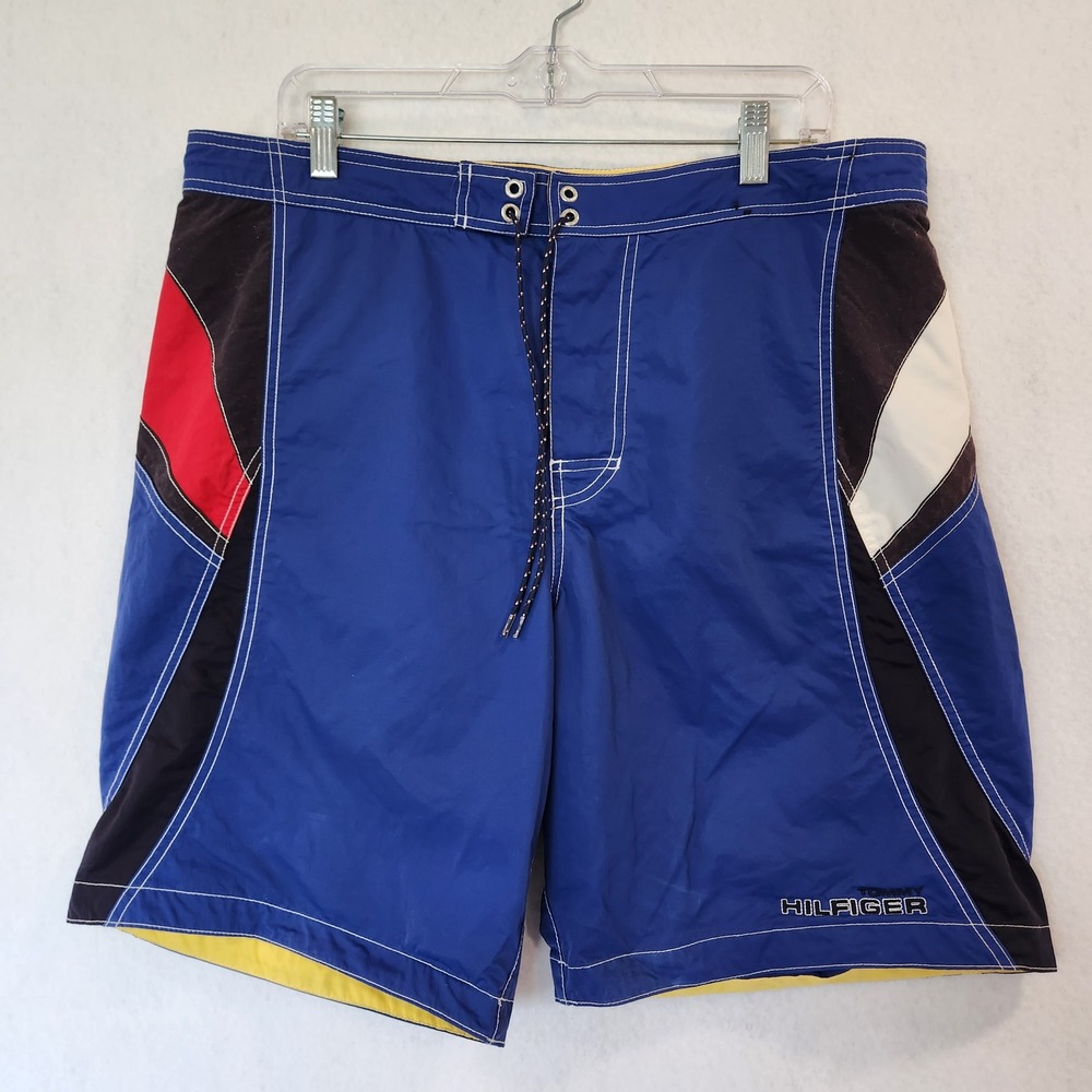Tommy‎ Hilfiger Mens Colorblock Swim Trunks L Board Shorts Mesh Lining Blue Red